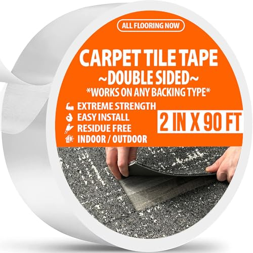 Carpet Tile Tape Double Sided Extreme Strength Commercial Grade 2 in x 90 ft Flooring Adhesive Works On Any Backing Type Carpeting Rugs Vinyl Laminate Rubber Turf Athletic Mat Floor, White