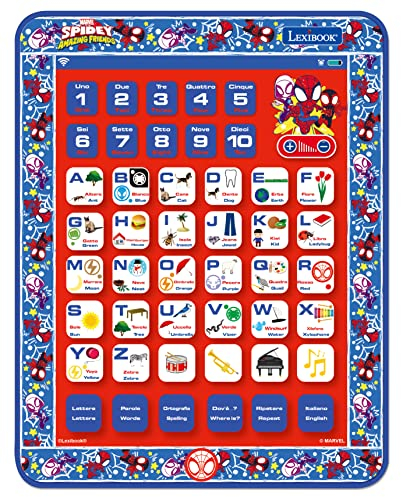 LEXIBOOK, Spidey and His Amazing Friends, Educational Bilingual Learning Tablet, Toy to learn alphabet letters numbers words spelling and music, English/Italian, Blue/red, JCPAD002SPi5