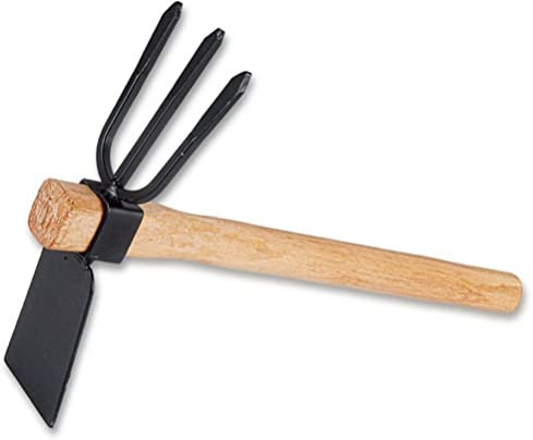 Doppia Zappa da Giardino con Lama e 3 Denti, Impugnatura in Legno Robusto, Zappetta a Due Punte in Acciaio per la Cura, Aerare e Diserbare Il Terreno, per Giardinaggio