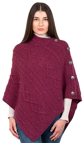 SAOL Poncho en laine pour femme avec boutons celtiques en tricot torsadé et col bénitier, Rouge velours, Large-X-Large