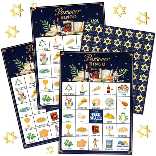 Liliful 35 giochi di bingo pasquale, 24 giocatori, carte da bingo pesach, seder ebraico, giochi per feste per bambini e adulti, attività in classe per famiglie, feste di compleanno, forniture (blu