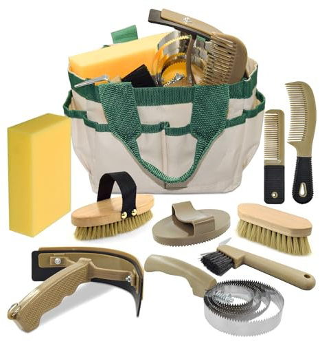 inoreal Kit de aseo de caballos de 9 piezas, juego de suministros de habitación con bolsa de mano, juego de cepillos de caballo para una limpieza y baño efectivos, kit profesional de cuidado de pelaje