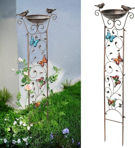 Taylor & Brown Bird Bath Bowl with Garden Trellis Outdoor, Vintage Decorative Birdbaths Bowl for Climbing Plants Flowers, Freestanding Garden Plant Support with Detachable Iron Bowl (Butterfly)
