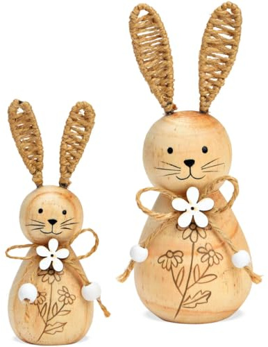 Moderne Osterhasen Dekofiguren Holz Set 10 cm & 15 cm - Landhausstil Osterdeko Hasen mit Blumen als Wohnzimmer, Schlafzimmer oder Flur Deko - Lustige Figuren für Innen als Frühlingsdeko im Boho Style