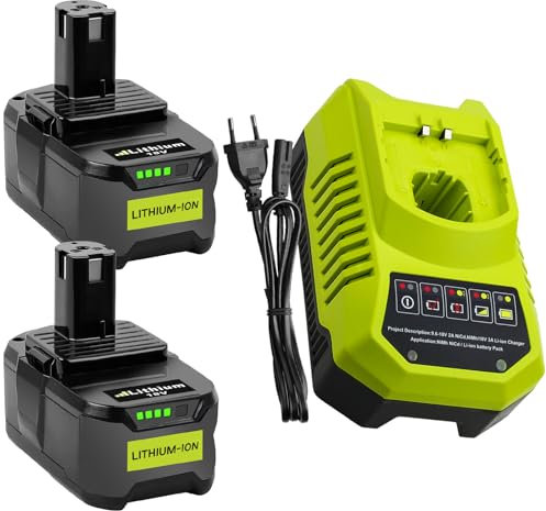 Moticett 2 x 18V 5.5Ah Batteries de Rechange (avec Chargeur) Remplacement pour Ryobi 18V Batterie + 9.6V-18V 3A Chargeur pour Ryobi Outils électriques P106 P107 P108 P102 P103 Auto-LED