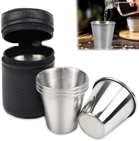 TYBYBB Vasos de chupito de acero inoxidable, paquete de 4 vasos de acero inoxidable de 30 ml, vasos pequeños de acero inoxidable, vasos apilables, vasos de metal con funda de piel para senderismo,