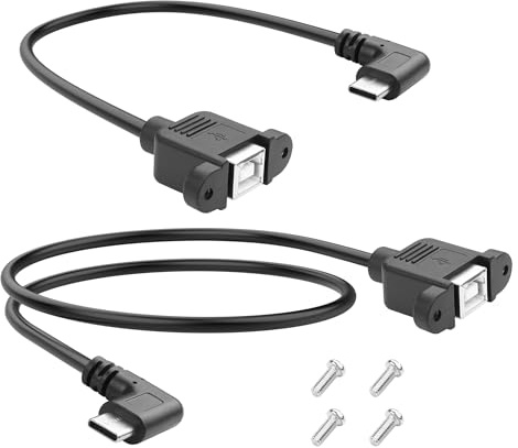 YACSEJAO USB C till USB B 2,0 uttag skrivare panel förlängningskabel 2 stycken 0,3 m 0,5 m typ C kontakt till USB typ B uttag adapterkabel montera med skruvar (sidovinkel)