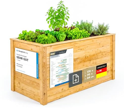 WESTMANN Jardinière surélevée en bois de mélèze avec calendrier de semis | 170 x 90 x 84 cm naturel | Parterre d'herbes pour l'extérieur | Jardinière surélevée en bois pour planter des légumes et des