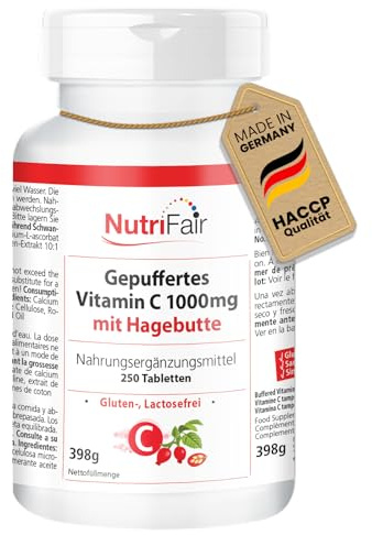 Buffrad C-vitamin 1000 mg med nypon - med 1000 mg per tablett - 250 tabletter - högdos - 100% vegan - tysk produktion och laboratorietestning - NutriFair | Premium & Fair