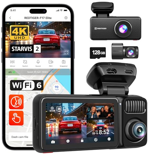 REDTIGER F17 Elite 4K+2.5K+1080P Dash Cam Auto,STARVIS 2 IMX678&IMX675,Scheda da 128 GB,Colore Notturno Completo,Interno Anteriore e Posteriore,Controllo Vocale,5GHz WiFi 6,GPS,HDR,Modalità Parcheggio