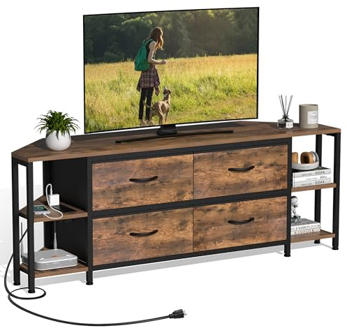 Welfuturer Eck‑TV‑Schrank mit 4 Schubladen und Steckdose,Industrie Eck‑Lowboard für bis zu 55″ Fernseher,Farmhouse TV Eckschrank mit 4 offenen Fächern,Eckkommode Fernsehtisch für Wohnzimmer