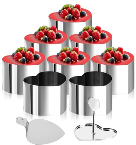 FARYODI Anillos de postre, 8 unidades, mini anillos de comida de 7,5 cm de diámetro, con 8 anillos, elevador y apisonador, anillo pequeño para servir tartas, molde para hornear magdalenas