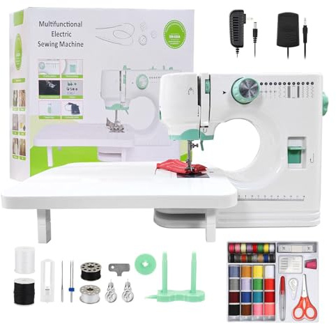 Machine à coudre simple, idéale pour les débutants, avec 12 points intégrés et un ensemble de base inclus dans le lot. Deux pédales de vitesse, parfaites pour un usage domestique (Blanc/Vert).s1