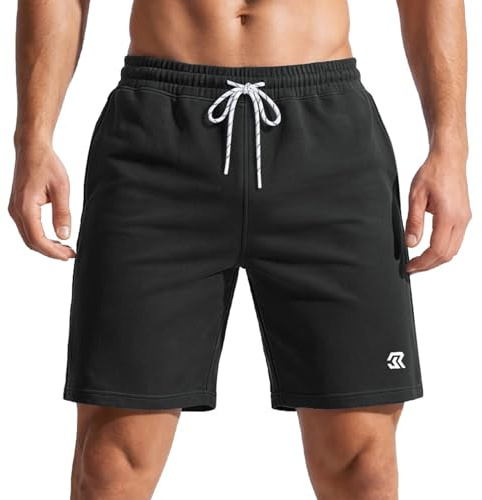 Rane Sports Men's 6 Inch Inseam Casual Sweat Shorts, Cotton Gym Shorts with Pockets, Elastic Waist Drawstring Athletic Lounge Shorts for Summer, Male Jersey Shorts Black L