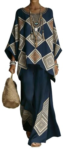 Gienslru 2 Pezzi Tuta Donna Complete Elegante Lino Estivo Boho Chic Top Kaftano Vintage e Pantaloni Gamba Larga Tute Curvy Completo Cerimonia Leggero Taglie Forti Spiaggia Vacanze Primaverile Set