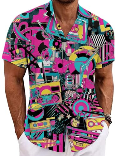 Camisa para hombre, estilo retro de los años 80, camisa de manga corta con botones, camisa hawaiana, camisa de verano, ligera, holgada, transpirable, cuello de solapa, camisa de ocio