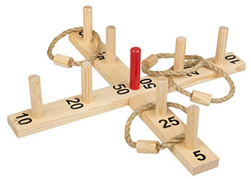 Idena 40158 - Ringwurfspiel aus Holz mit 9 Spielstäben, 4 Ringen aus Sisal, für drinnen und draußen, ca. 50 x 50 cm, Spiel für den Sommer, im Garten oder Park