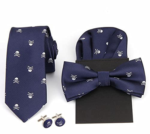 WANYING Corbata de 6 cm & Pajarita &Pañuelo de bolsillo & Gemelos 4 en 1 Set para Hombre Yuppie Trend Fashion Casual Cool - Azul Marino