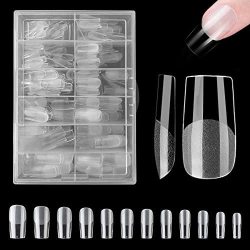 Ongles Americain, ZAHRVIA 420 Pièces Pose Carré Court Faux Ongles en Gel, 12 Tailles Différentes Artificiel Capsules Conseils Mi-Transparente Mi-Givré