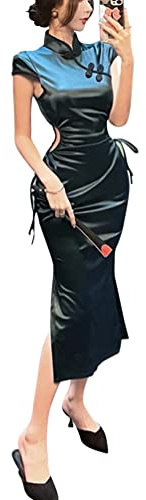 Dam blommigt tryck midi-klänning kinesisk stil v-ringad ärmlös smal passform hög slits Qipao klänning, 15# Blå, M