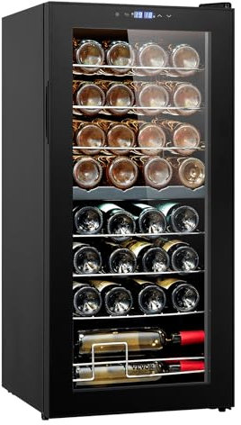 VEVOR Cave à Vin 32 Bouteilles, Réfrigérateur à Vin à Double Zone et à Double Température, Frigo Vin avec Commande Numérique, Porte en Verre Trempé avec Protection UV, Stockage de Vin Rouge et Blanc