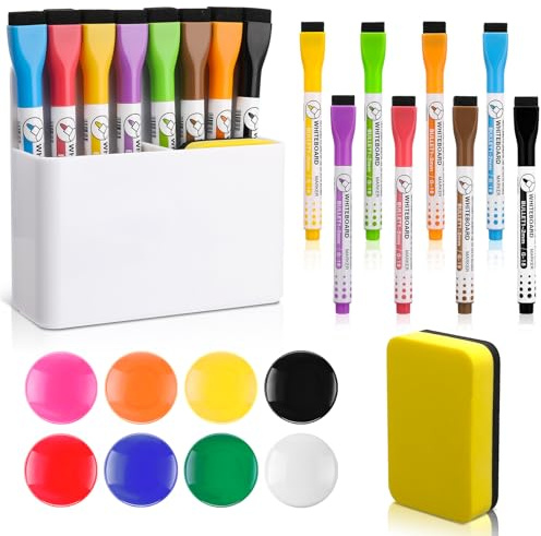 Vyuwast Lot de 18 Accessoires pour Tableau Blanc Magnétique - 1 Porte-Stylo, 8 Stylos, 8 Aimants Multicolores et 1 Éponge pour l'École, le