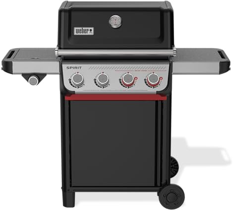 Weber Spirit E-435 Barbecue a gas con propano liquido per cucinare all'aperto, 4 fuochi e 1 bruciatore laterale, nero – Griglie in ghisa smaltata in porcellana, 2 bruciatori Boost, zona Sear