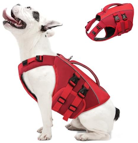 Queenmore Medium Dog Life Jacket, Red, Ripstop Dog Lifesaver with Rescue Handle, Dog Swimming Vest