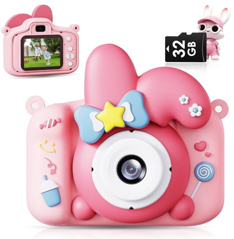 Macchina Fotografica Bambini, 3-12 Anni, Ragazze, Regalo di Natale, Videocamera Digitale per Selfie 1080P HD, Fotocamera Portatile da 2,0 Pollici Coniglietto con Scheda (Argento Rosato) (Rosso)