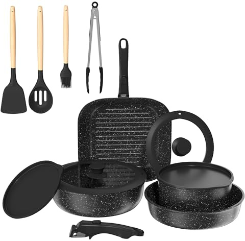 AUROAY 14pcs Set di Padelle e Pentola Antiaderente con 2 Manici Rimovibili,Padella Pentole Senza PFOA PFTE per Induzione Gas Forno,Padelle 20/26cm,Casseruola 20cm,26cm Griglia,4 Coperchi e 4 Utensili
