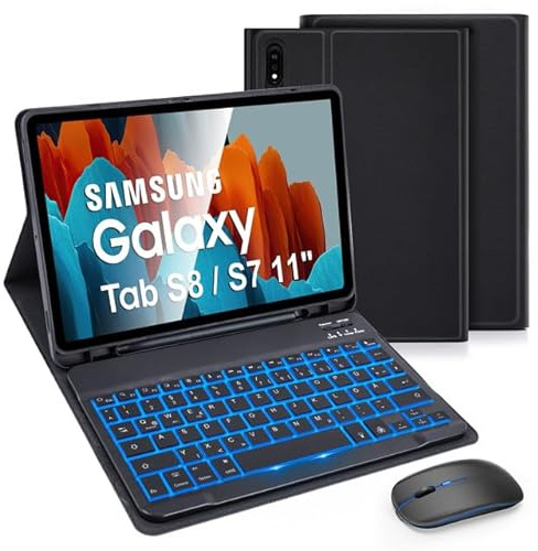 LAMA Bluetooth Tastaturhülle mit Maus für Samsung Galaxy 10.9'' Tab S9 FE/S10 FE/S10, 11 Tab S9/S8/S7, Kabelloser Tastatuhülle, Hülle mit Tastatur Schützhülle - DE QWERTZ Layout, Schwarz Beleuchtet