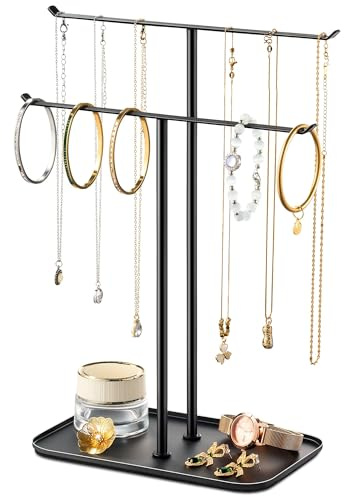 pickpiff Soporte organizador de joyas para collares, 2 niveles, barra en T, árbol de exhibición de joyas con bandeja para encimera, collar, pulsera, aretes, tocador, lavabo de baño, color negro
