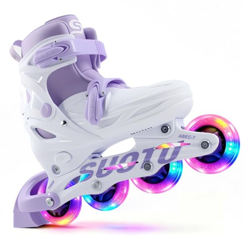 SUOTU Patines en Línea para Niña con Ruedas Luminosas, Tamaño Ajustable, Ruedas de Poliuretano 82A, Rodamientos ABEC-7, Púrpura/Blanco (S: 28-31 EU)