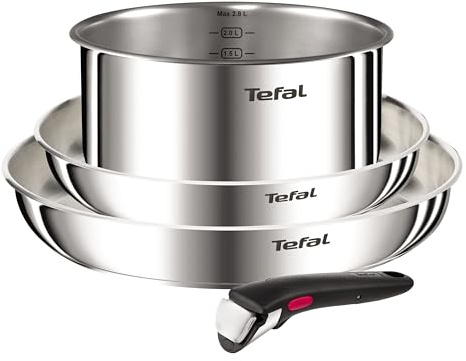 Tefal Ingenio Emotion L896S453 Kochgeschirr, 4-teilig, Edelstahl, abnehmbarer Griff, stapelbares Design, Induktion