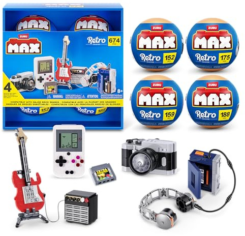 Max Premium Mini Collectibles Rétro Pack de 4 par ZURU – Walkman, Arcade, Polaroid, Boombox – Cadeau Fête des Pères Nostalgie 80s 90s, Cadeau Rétro pour Homme, Déco Bureau
