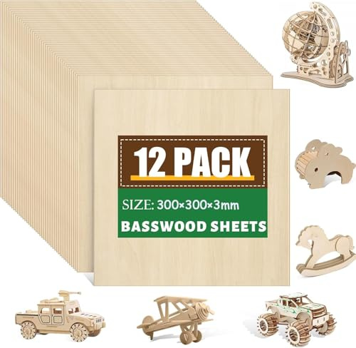 Farnirvana 12 Piezas Contrachapado 3mm, 300 x 300 mm, Madera contrachapada de tilo, Tablones de Madera, Manualidades Contrachapado, Para Bricolaje,Pintura,Decoraciones,CorteLáser,Modelado