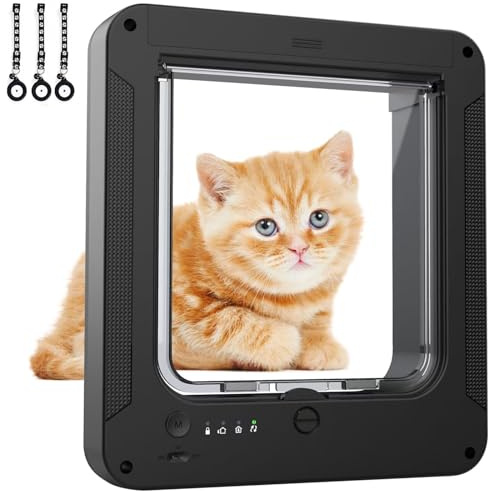 SWHC Smart Cat Door with 3 Collar Sensor & 1 Remote Control, Automatic Sensing Pet Door for Interior & Exterior, 4 Way Locking Cat Flap Pet Door with RFID Collar Activated Opening (Black)