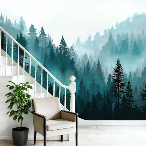 Papel tapiz fotográfico 300 x 210 cm paredes decoración de salón Diseño Paisaje Natural Niebla Bosque De Pinos para dormitorio sala de estar papel tapiz no tejido, Azul