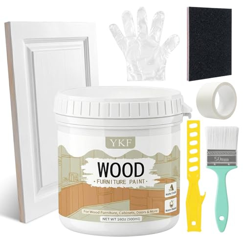 YKF Water-Based Wood Paint for Furniture, Cabinets & Crafts – Matte Finish, Low Odor & Quick Dry – Water & Weather Resistant Interior/Exterior Coating for Doors, Decks & Tables (White, 16 fl oz)