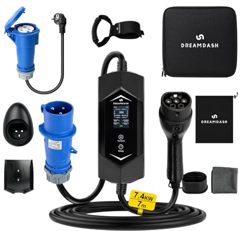 7 kW enfas elektrisk billaddare, typ 2 till CEE 32A 3-stiftsadapter, Shuko nätadapter, 7 m kabel, justerbar Wallbox laddare 6-32A 1-12 timmar, IP65, -30 ℃ till 50 ℃, bärbar batteriladdning