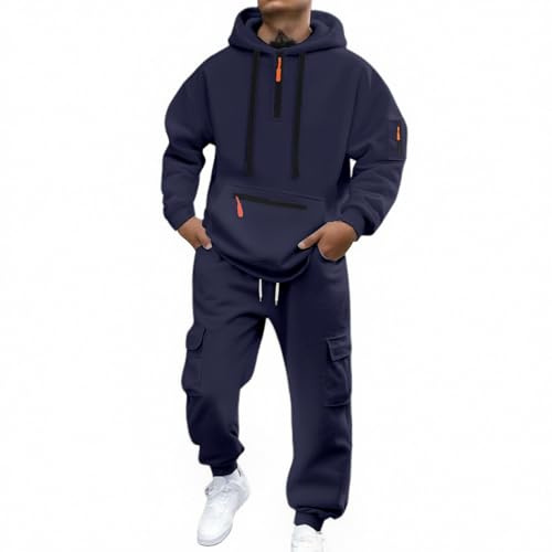 Generisch Set di tuta da allenamento in pile da uomo per inverno e autunno, casual, con cappuccio, chiusura lampo, tasca, pantaloni cargo, abbigliamento comodo, caldo, tuta da jogging, Blu marino, XL