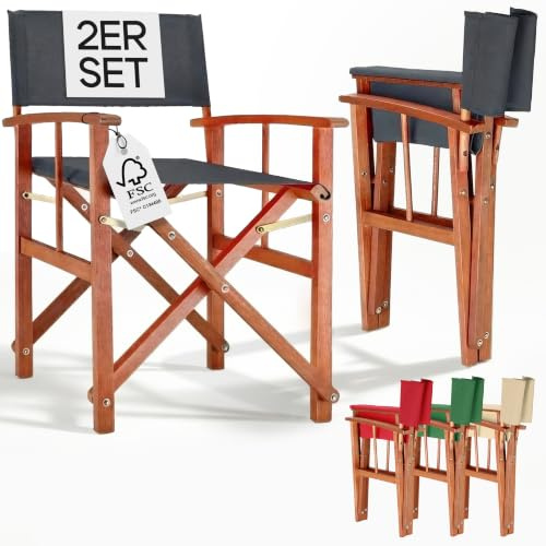 CASARIA Set of 2 Wooden Folding Directors Chairs Anthracite with Armrests | Eucalyptus Wood Frame and Fabric Seat Foldable Outdoor Chairs for Patio Balcony Camping Decking Garden Furniture and Events
