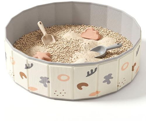 Caja de Arena para niños de 47 Pulgadas, Caja de Arena Plegable con Estampado de Dibujos Animados para Jugar en Interiores y Exteriores, arenero portátil, 120 cm, Beige