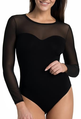 Teyli Body Femme À Manches Longues Élégant Et Confortable Avec Manches Et Décolleté En Résille Coupe Flatteuse Et Polyvalent Pour Toutes Occasions.Noir S