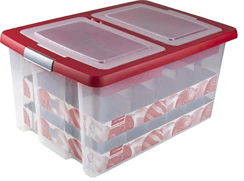 SUNWARE Nesta Weihnachtsbox 51 Ltr mit Tabletts für 40 Weihnachtskugeln (Ø70-80mm) - transparent/rot