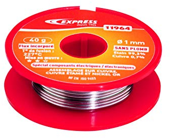 Express, 11964, Accessoire pour Fer à Souder, Soudure Étain pour Assemblage Composants Électriques/Électroniques, 99,3% d’Étain et 0,7% Cuivre (Sans Plomb), 40 g, diamètre 1 mm, Flux incorporé