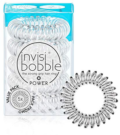 invisibobble Power Traceless Spiral Hair Ties - 5 Pack - Crystal Clear - Strong Elastic Grip Coil Hair Accessories for Active Women - No Kink, Non Soaking - Gentle for Girls Teens and Thick Hair