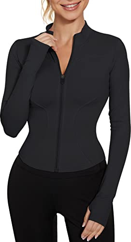 LUYAA Workout Jacket for Women Zip Up Athletic Jackets Slim Fit Yoga Tops Black M