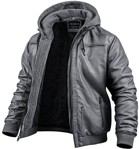 CREATMO US Leather Jacket for Men With Hood Lightweight Faux Leather Jacket with Removable Hood Motorcycle Casual Vintage Coat Grey M