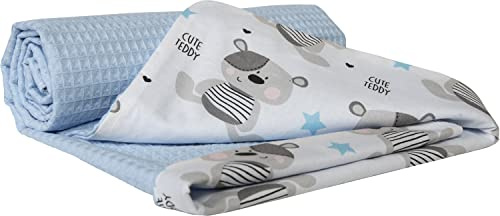Medi Partners Coperta per Neonata Copertina Neonato per lettino - 100% Cotone 75x100cm naturale Blanket Neonati Invernale Estate Bifacciale Carrozzina Bambino (Orsacchiotto Con Waffle Azzurro)